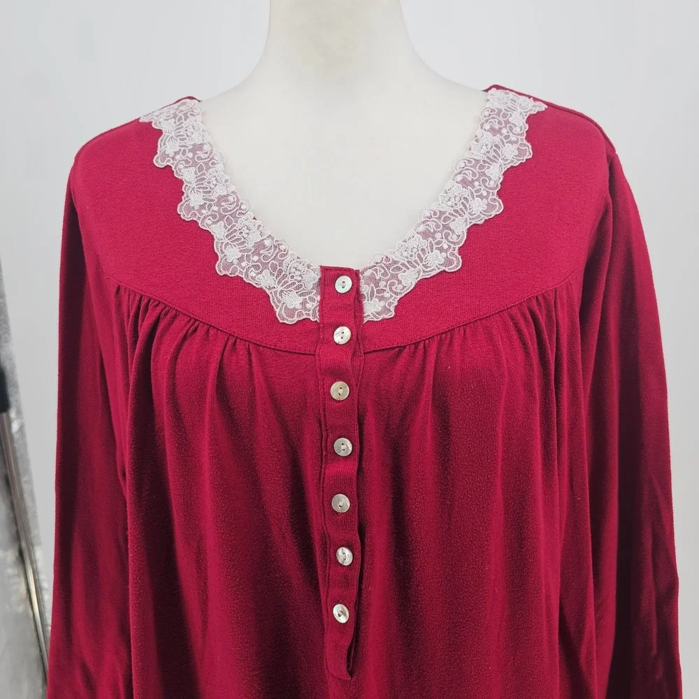 Eileen West Knit Nightgown XL Dark Red Lace Trim Romantic Cottagecore Holiday